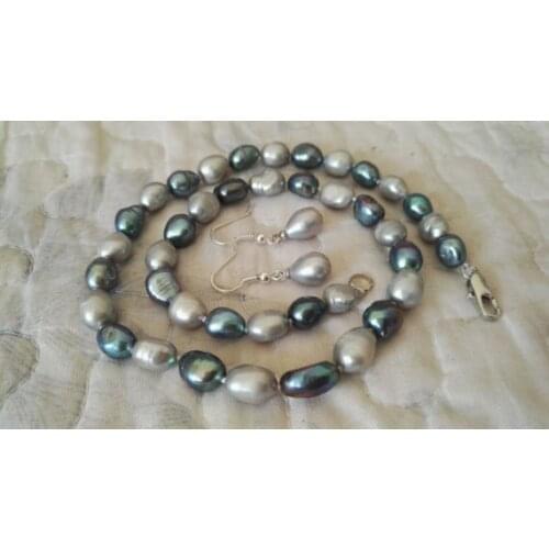 Real Pearl Jewelry Set,Black Gray Color AA 8-10MM Baroque Pearl Necklace Earrings,New Free Shipping
