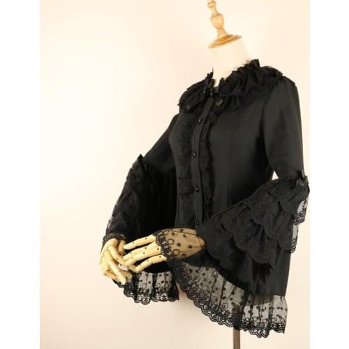 Sweet Lolita Chiffon Blouse with Lace Ruffled Collar Lace Flare Sleeve Womens Shirt