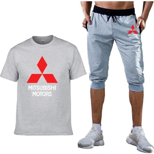 2021 New Summer Mens Short sleeve Mitsubishi Car Logo casual T-Shirt high quality Cotton Mens T-shirt+shorts suit 2pcs