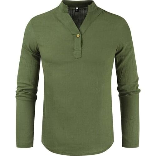 Mens Thin Long Sleeve Cotton Linen Shirt Casual Solid Color Simple Shirt Men V Neck Long Sleeve Top