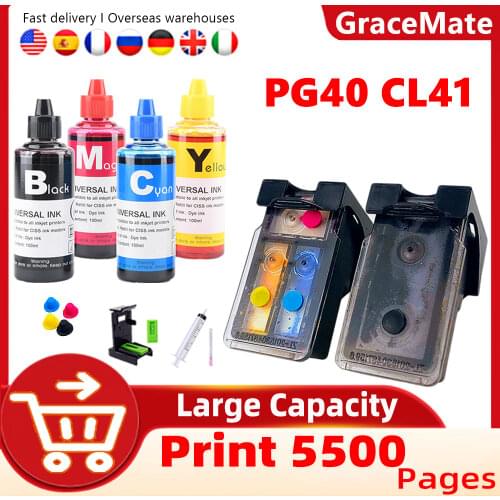 400ML Ink + Refillable Ink Cartridge Pg 40 Cl 41 for Canon Pixma IP1800 IP1200 IP1900 IP1600 MX300 MX310 MP160 MP140 Printer