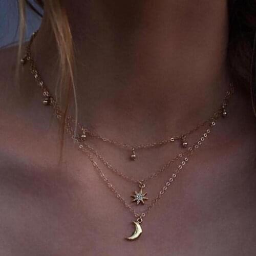 Moon Star Layered Necklace Set Crystal Beads Pendant Necklace Charms Celestial Jewelry Dangle Gold Moon Crescent Necklace