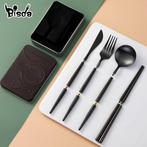 Portable Flatware Set With Box Assembled Black Dinnerware Stainless Steel Cutlery Set Fork Knives Spoons Set For Outdoor Picnic