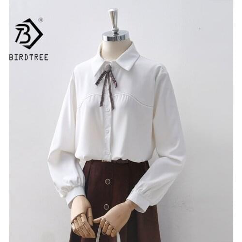 Autumn Women White Shirt Vintage Lantern Sleeve Chiffon Blouse With Brooch Turn-Down Collar Elegant Office Wear Spring Basic Top