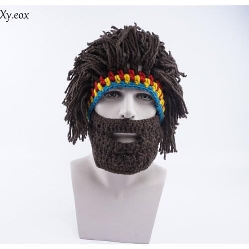 Wig Beard Hat Caveman Bandana Handmade Crocheted Winter Mens Halloween Costume Funny Birthday Gifts