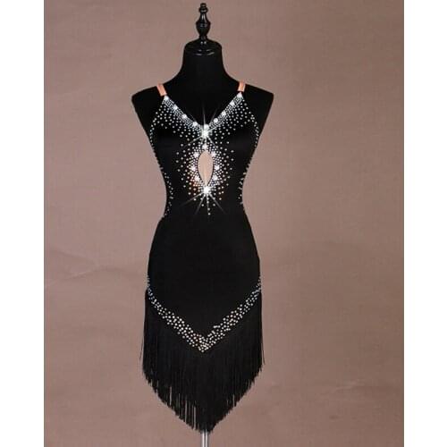 Ballroom Dance Competition Dress Women Sexy Senior Diamond Pearl Fringe Skirt Female Rumba Tango Clothes Custom Made DQL3014