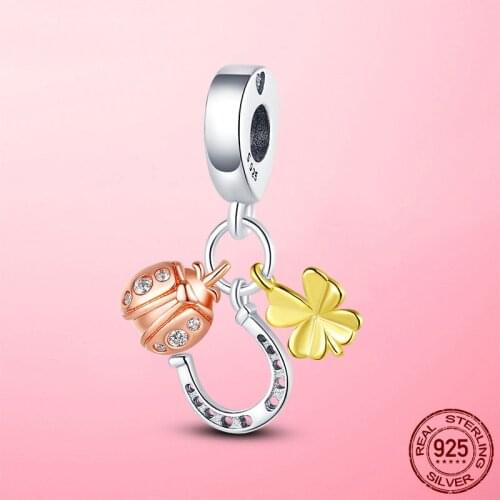 2021 New 925 Sterling Silver Horseshoe, Clover & Ladybird Dangle Charm fit Original Pandora Bracelet Necklace Silver 925 Jewelry