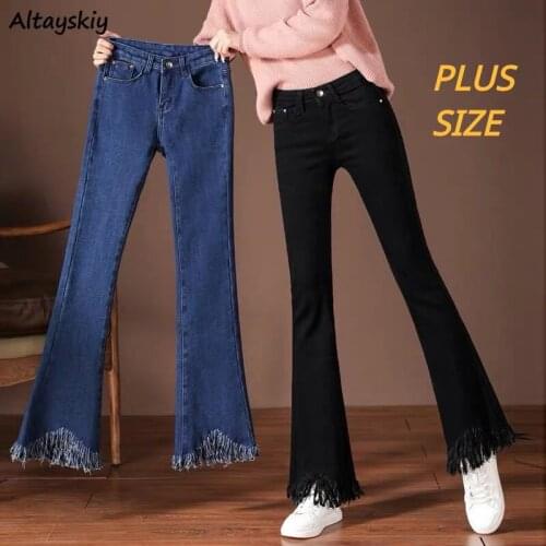 Flare Jeans Women Tassel Ripped Korean Style Chic Trendy Casual Slim Ulzzang Plus Size Female Bottom Denim Spring Autumn Hipster