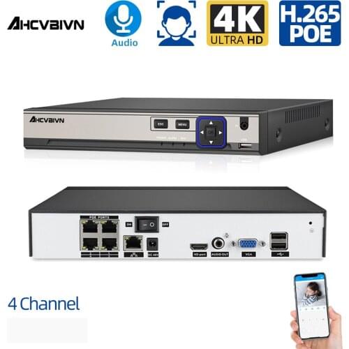 AHCVBIVN 4CH 4K PoE Face/Motion Detection NVR For 8MP/5MP/2MP POE IP Camera system Surveillance H.265 ONVIF CCTV NVR XMEYE APP