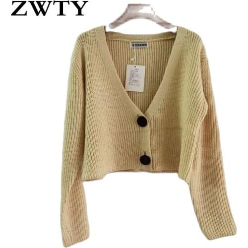 ZWTY Women Knitted Cardigans Sweater Fashion Autumn Long Sleeve Loose Coat Casual Button Thick V Neck Solid Female Tops