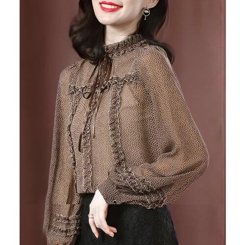Korean Fall Spring Vintage Womens Ruffled Lantern Long Sleeve Polka Dot Chiffon Top Blouse , Autumn Woman 3xl Bow Blouses