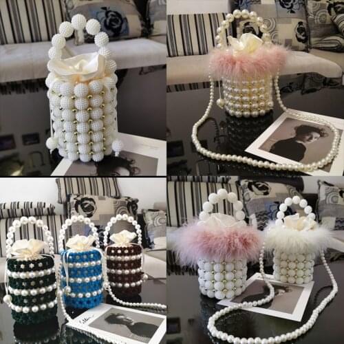 Beading Bucket Women Handbags Feather Lady Chain Shoulder Pearl Hollow Out Day Clutch Wedding Party Purse Evening Bags