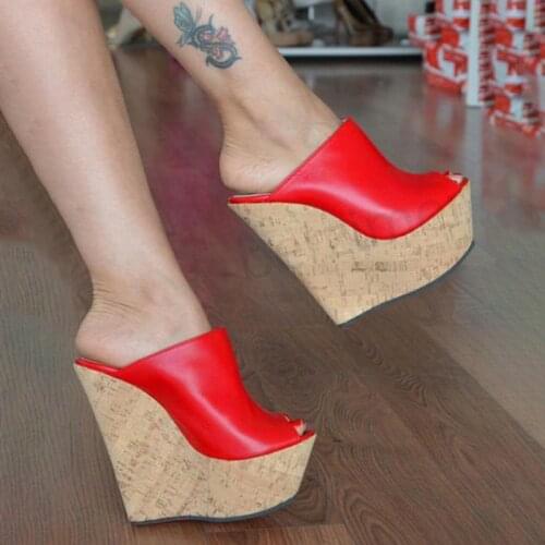 BERZIMER Women Wedges Heeled Sandals Peep Toe Slides Platform Pumps Zapatos Mules Summer Shoes Woman Large Size 39 45 47 50 52