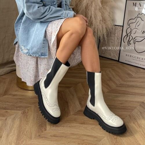 Kanseet Mid-Calf Boots 2021 Womens Boots Autumn New Round Toe Slim Patchwork Platform Chunky Heels Boots Black Mid Heels Shoes