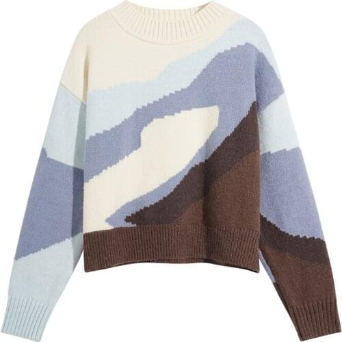 Women Sweaters Autumn Winter Japanese Style Vintage Contrast Panelled Short Loose Knitted Pullover Tops Outwear Casual