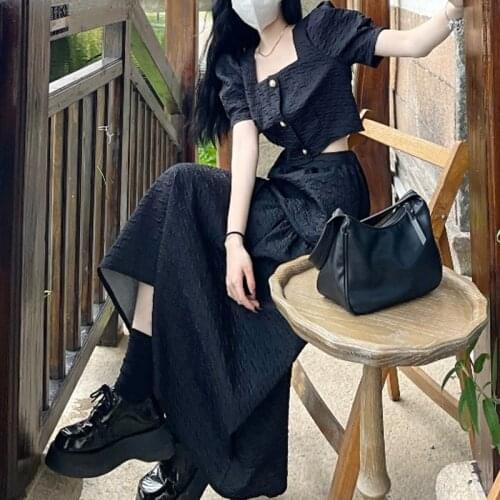 Summer Two Piece Set Women Korean Short Backless Puff Sleeve Blouses+High Street Bandage Long Skirts Elegant Chic Set Women 2021