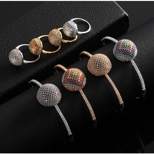Funmode Trendy Brand Multicolor CZ Pave Round Ball Charm Bangle Rings Jewelry Sets For Women Jewelry Accessories Wholesale FS78