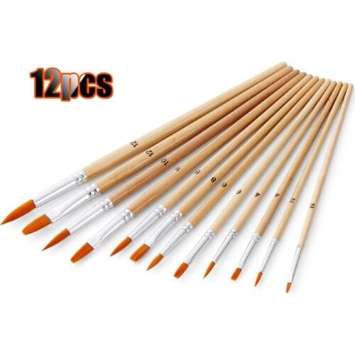 12pcs Paint Brushes Set with Flat and Round Pointed Tips Nylon Hair Wooden Handle Professional Drawing Paintbrush for Artists