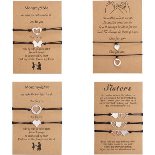 2pcs/set Butterfly Heart Charm Bracelets For Women Stainless Steel Adjustable Rope Bracelet With Wish Card Mothers' Day Mom Gift