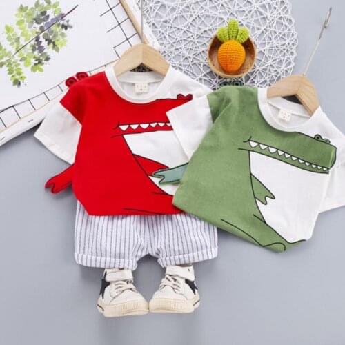 2021 Summer Children Kids Short Sleeve Suit Boys Girls Cotton 2PCS Set Baby Infant T-Shirt Cartoon Top + Striped Pants Outfit