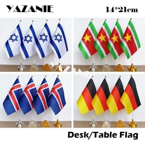 YAZANIE 14*21cm 4PCS Israel Iceland Germany Suriname Desk Flag Polyester Table Flag with Plastic Base & Pole Custom Hand Flags