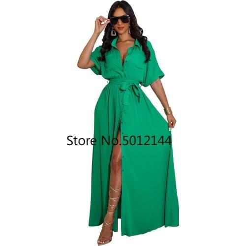 African Dresses for Women 2021 Autumn Sexy Button Maxi Dress African Clothes Green Long Shirt Dress