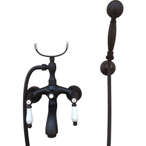 White Ceramic Levers Black Oil Rubbed Brass Wall Mounted Claw-foot Bathtub Faucet Mixer Tap Tub Filler Handheld Shower atf575