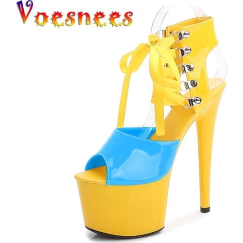 Voesnees Sandals Women 2021 Sexy High Heels Striper Pole Dance Gladiator Mixed Colors Sandals Ankle Strap Sexy Platform Shoes