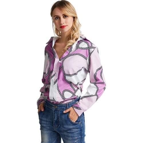 Chain Print Women Blouse Work Office Ladies Tops Shirt Plus Size 2XL Fashion Long Sleeve Lapel Bohemian Shirt