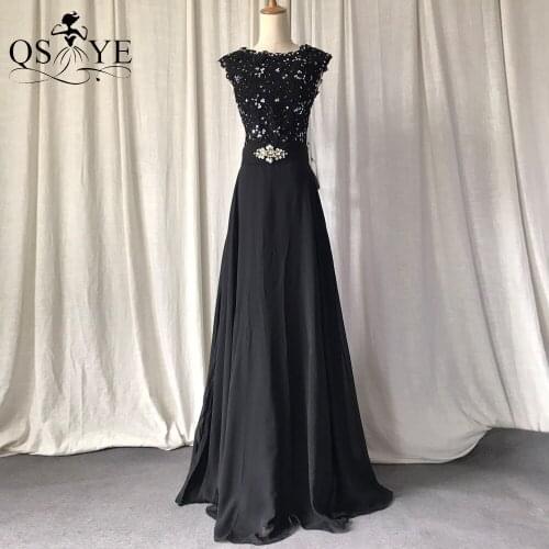 Black Lace Evening Dresses A line Chiffon Party Gown Scoop Neck Sleeveless Women Formal Dress Decent Crystal Bead Lace Prom Gown
