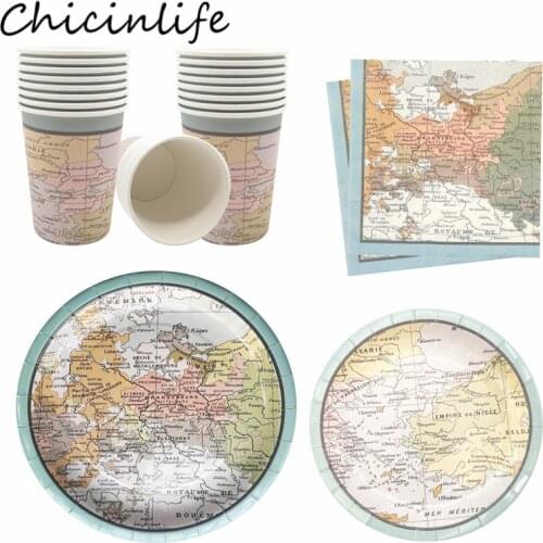 Chicinlife World Map Paper Plates Cups Napkins Disposable Tableware Birthday Party Travel Festival Retirement Party Supplies