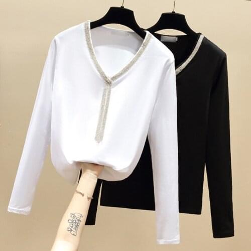 Long Sleeve T Shirt V-Neck Autumn Spring T-Shirt Women 2021Casual Beading Woman Tshirt Top Plus Size Korean Tee Shirt Femme
