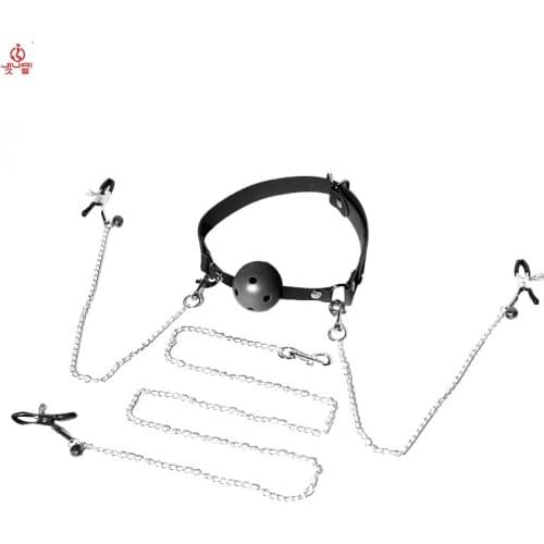 JIUAI PU Leather Open Mouth Gag With Nipple Breast Clamp Clip Chain SM Sex Toys For Woman Adult Games