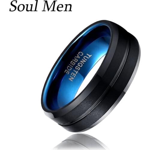 8mm Black & Blue Stripe Design Tungsten Anniversary Ring Men Women Vintage Wedding Band Dropshipping Engraving Available