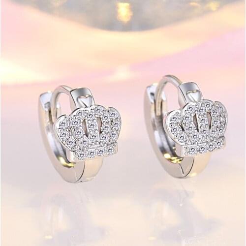 Trendy Crown Crystal Stone Earrings Charm Female White Zircon Hoop Earrings Classic Silver Color Wedding Earrings For Women Gift