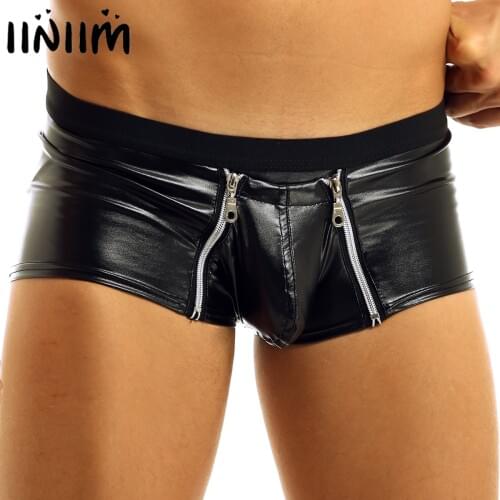 Men Lingerie Faux Leather Panties with Zipper Open Pouch Boxer Shorts Gay Sexy Underwear for Mens Jockstraps Male Night Clubwear