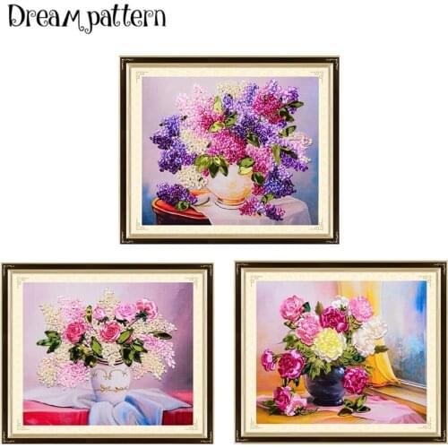 45x50cm 3D flower vase Ribbon embroidery painting set floral kits handcraft cross-stitch DIY handmade needlework wall art decor