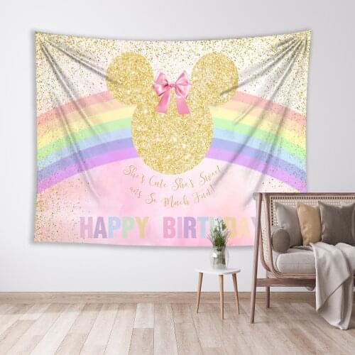 LEVOO Cute Mouse Avatars Birthday Party Bedside Decoration Golden Rainbow Bow Tapestry Wall Hanging Anime Wall Tapestry