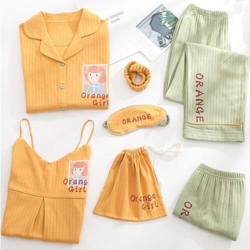 Pajamas womens autumn cotton seven-piece suit spring and autumn long-sleeved trousers sweet plus size home service suit