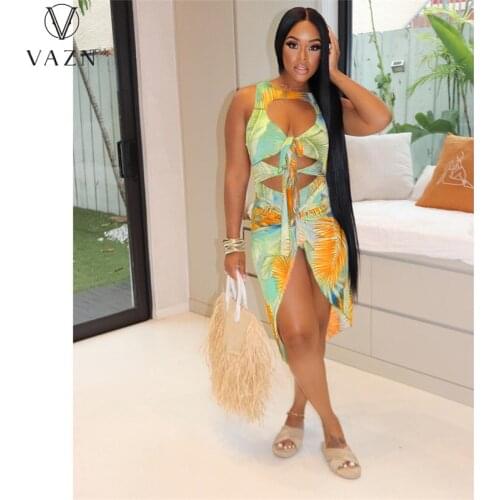 VAZN 2021 INS Plus Size Sexy Retro Bohemian Print Beach Set Tank Midi Dress Top 1 Piece Underwears Skinny Women 2 Piece Set
