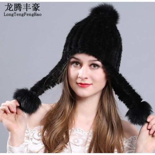 Knitted Hats For Winter Women Beanies Mink Fur Cap 100% Real Mink Fur Hat Knitted Cap Lady Girl Beanies Ear Female Cap Russian