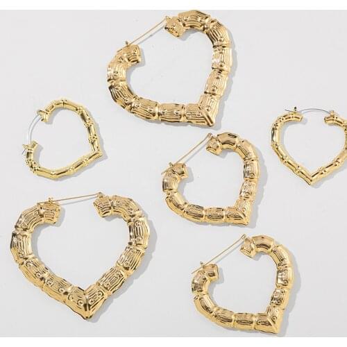 Punk Hip Hop Thick Big Heart Hoop Earrings for Women Trendy Gold Metal Love Bamboo Earrings Exaggerated Jewelry