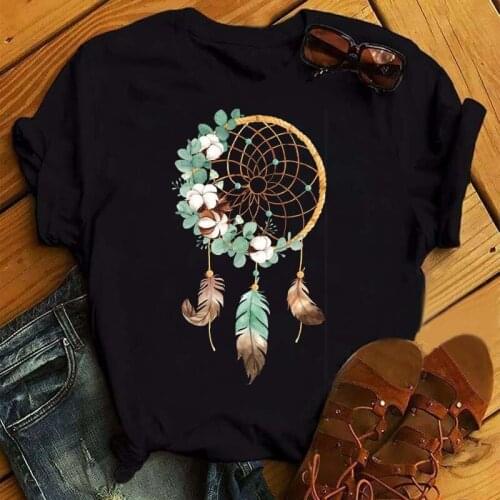 Maycaur Women T-shirt Flower Dreamcatcher Tshirt Harajuku O-neck Black Top Women Kawaii Street Summer Casual Short Sleeves Tees