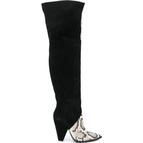 Womens Over The Knee Thigh Boots Snake Pattern Stitching Real Leather Pull On Spike High Heel Chelsea Shoes Pointy Toe Plus Size