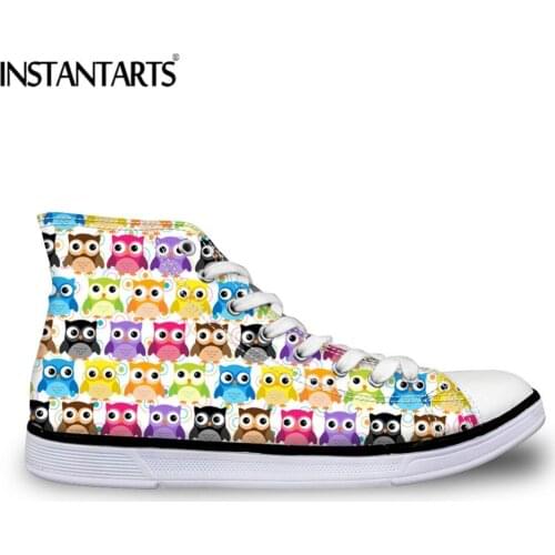 INSTANTARTS Womens Lace Up Vulcanize Canvas Shoes Cute Cartoon Owl Pattern High Top Female Flats Shoes Classic Students Shoes