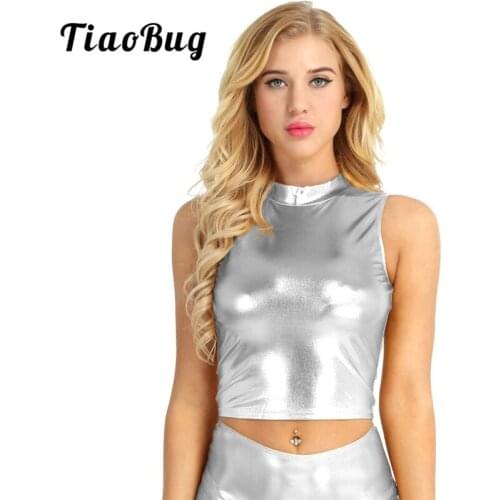 TiaoBug Fashion Wet Look Faux Leather Sleeveless Mock Neck Rave Women Crop Tops Nightclub Party Performance Pole Dance Costume