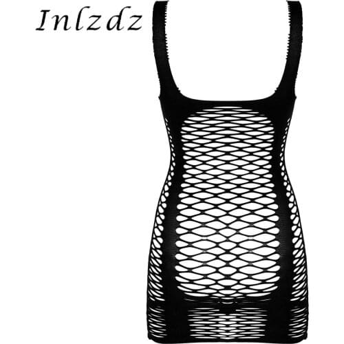 Womens Lingerie Hot Sundress Minidress Sleepwear Erotic Sexy Bodycon Dress Hollow Out Mesh U Neck Sleeveless Bodydoll Nightwear