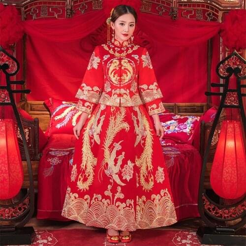New China traditional Show dress evening clothes bridal vintage chinese style cheongsam long-sleeve dragon gown robe de mariee