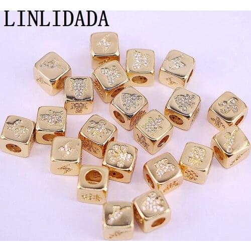 20Pcs Fashion Gold Color Clear CZ Micro Pave Cute Square Spacer Connector Big Hole Beads for jewelry Making Findings