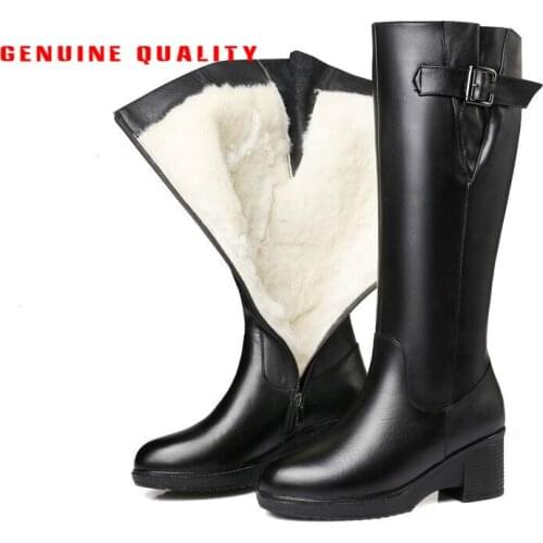2021 Genuine Leather Warm Wool Women Snow Boots Fur Shoes Plush Flat Bottom High Boots Platform for Women Winter Boots